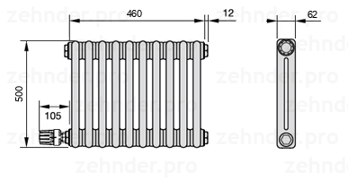 Схема (чертеж) Радиатор Zehnder Charleston 2050/10 №V004 Белый глянцевый RAL 9016